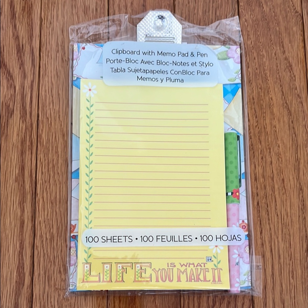Small Clipboard with Yellow Memo Pad and Pen “Life is What You Make It”